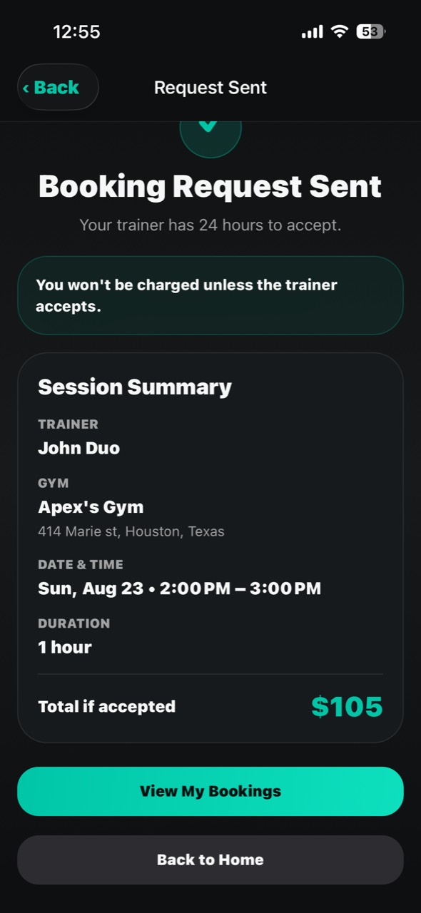 AxsPT mobile app showing a booking request sent confirmation.