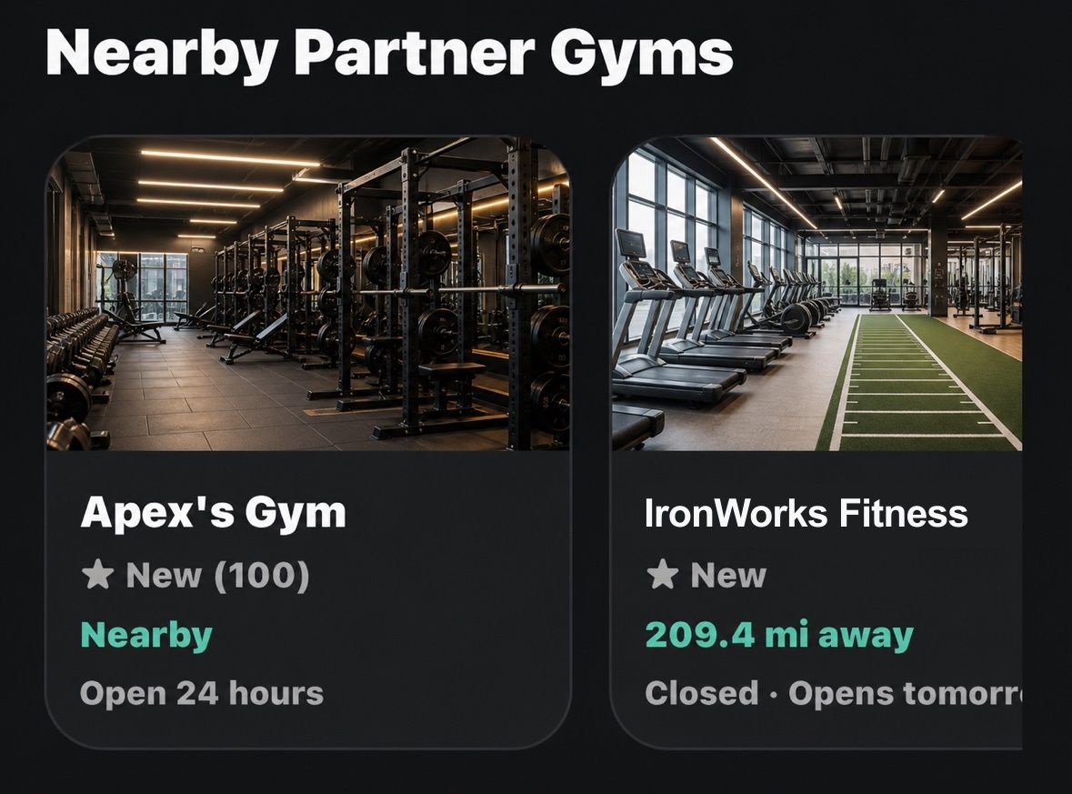 AxsPT mobile app showing nearby partner gyms.