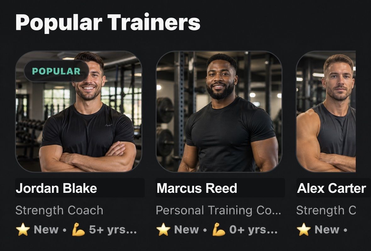 AxsPT mobile app showing popular trainer cards.